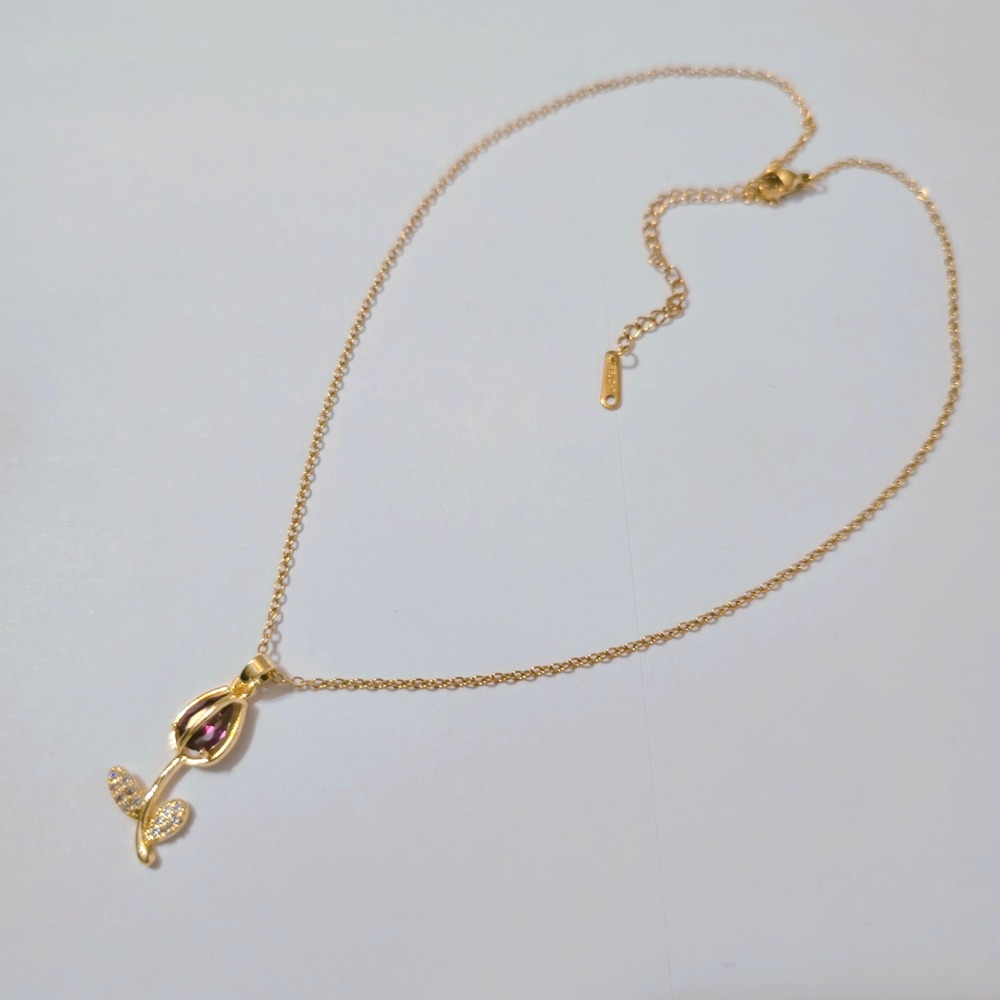 Gold Plated Steel Tulip Pendant Necklace Purple Crystal Floral 16-18 Inch